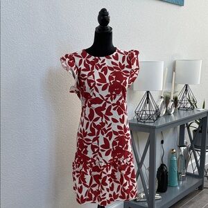 SHEIN Red & White Floral Ruffle Sleeve Mini Dress